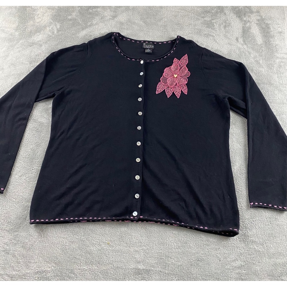 NY Collection Woman Black Floral Applique Cardigan Sweater‎ Pink Stitching 1X - Picture 2 of 10